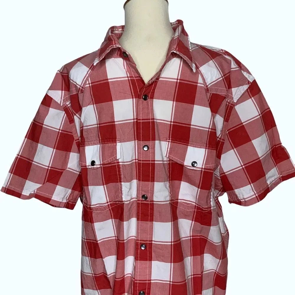 EXPRESS Men’s Size XL Cotton Fitted Plaid Snap Front Shirt Red And White Check - Picture 2 of 9